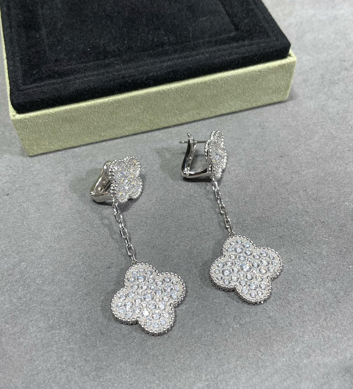 Miro CLOVER 2 MOTIFS DIAMOND PAVED SILVER EARRINGS