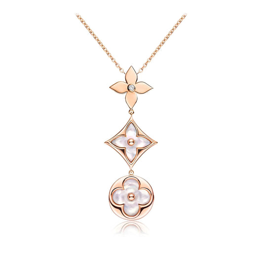 Miro COLOR BLOSSOM LARIAT NECKLACE PINK GOLD WHITE MOTHER PEARL AND DIAMOND